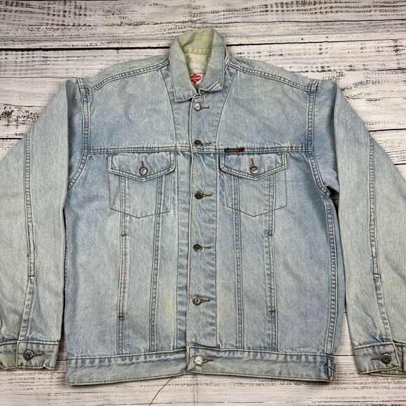 Vintage Stevens Pleated Cotton Blue Denim Trucker Jacket‎ Sz M Light Wash Button - Picture 1 of 8